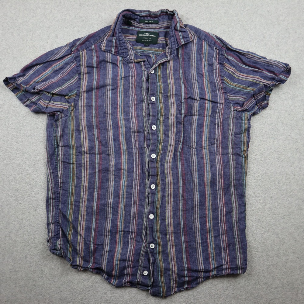 Rodd & Gunn Shirt Mens M Sports Fit Blue Linen Striped Short Sleeve Button Down